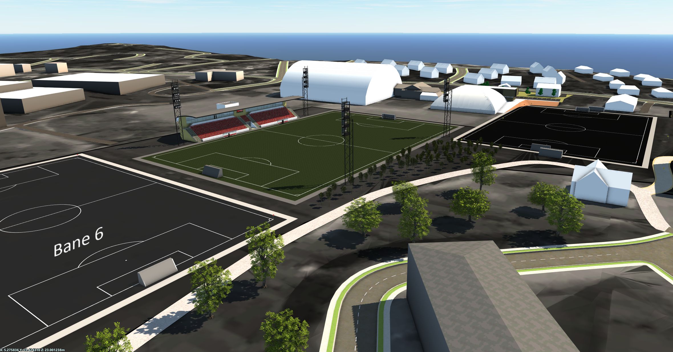 Slik tar det nye anlegget seg ut på tegnebrettet. Bane 5 er snudd og lagt mot Vard-huset. (Skisse: PDS Arkitekt)
